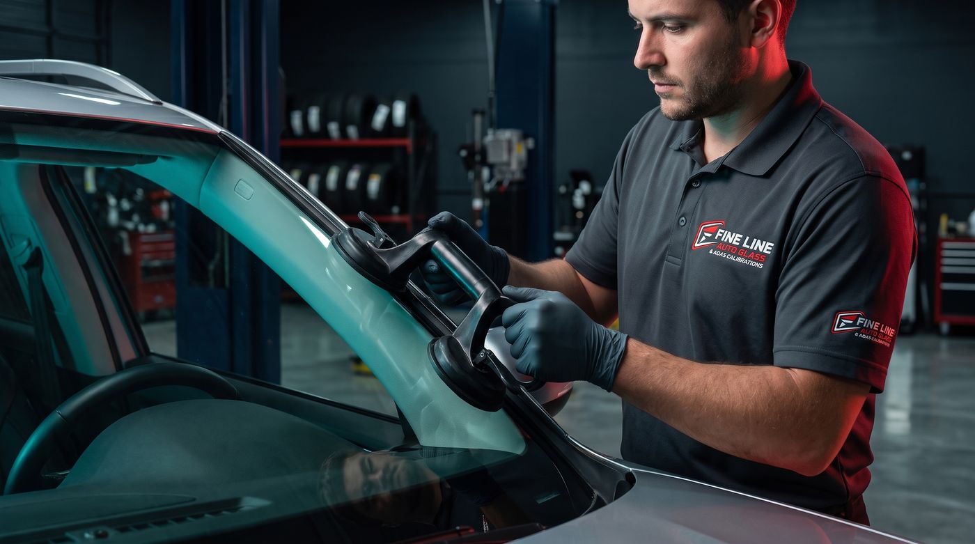 Fine Line technician setting a windshield in the shop